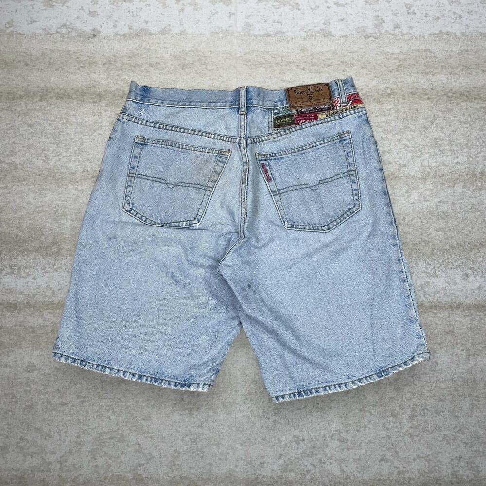 Vintage 90s Request Classics Jean Shorts 36x9.5 Light Wash Crazy Patchwork Logos